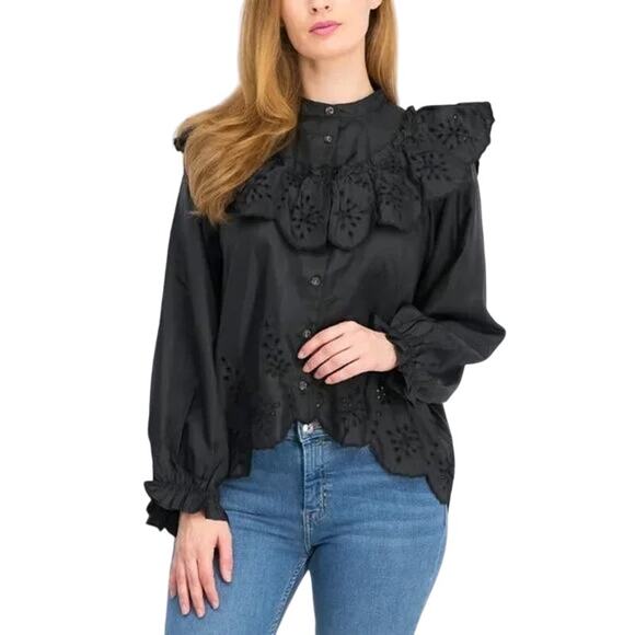 Topshop Eyelet Blouse Womens Size 4 Black Button Front - Picture 1 of 16